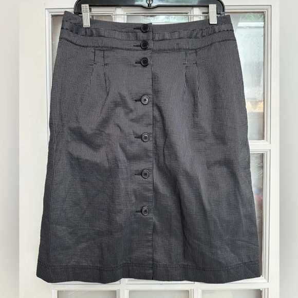 Talbots Cotton Linen Blend A-Line Skirt With Pockets Black Grey Stripe Size 10 - Picture 1 of 10